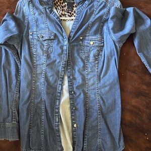 White House Black Market Denim Button-Down Shirt Jacket - Blue
